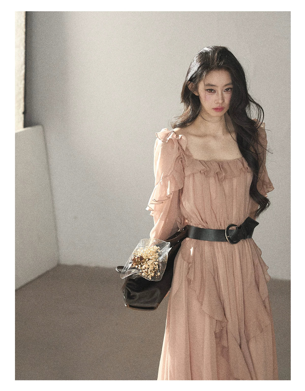 AOMALM - "Waiting for Sunset" Soft Pink French Ruffle Maxi Dress with Belt