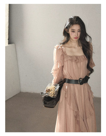 AOMALM - "Waiting for Sunset" Soft Pink French Ruffle Maxi Dress with Belt