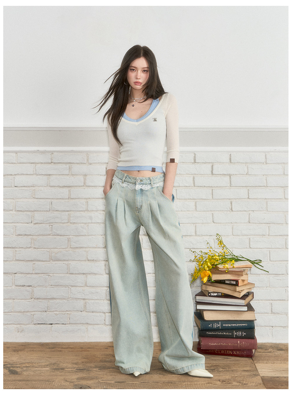 VIAPITTI - Lace Panel Straight-Leg Jeans (Light & Dark Blue)