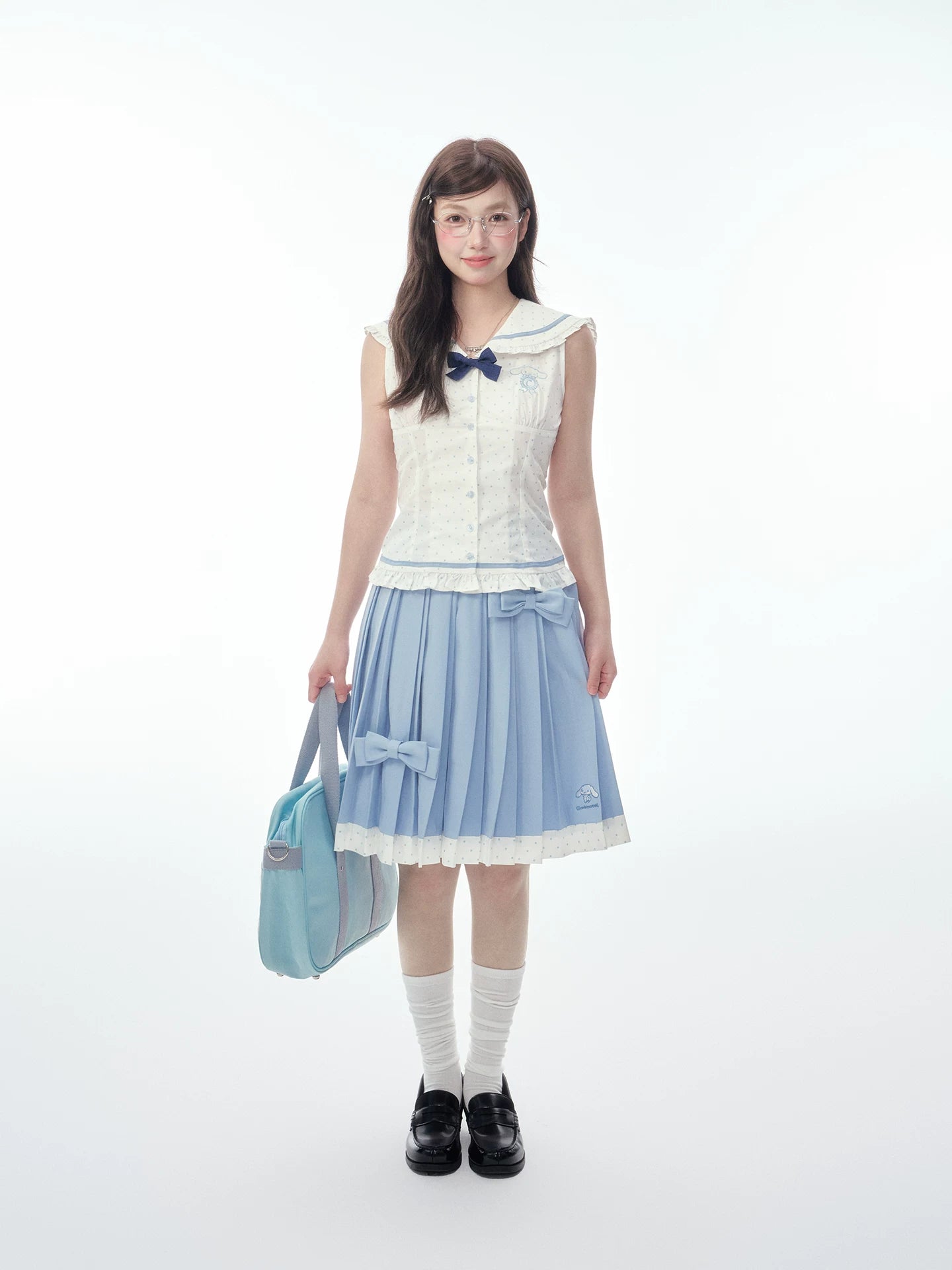 Sleeveless Polka Dot Sailor Collar Shirt & Light Blue Contrast-Trim Skirt