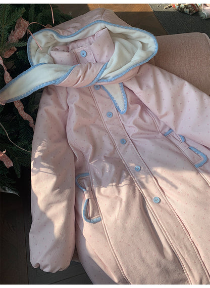 阮阮自制 - Berry Cream Pink Polka Dot Hooded Corduroy Padded Jacket