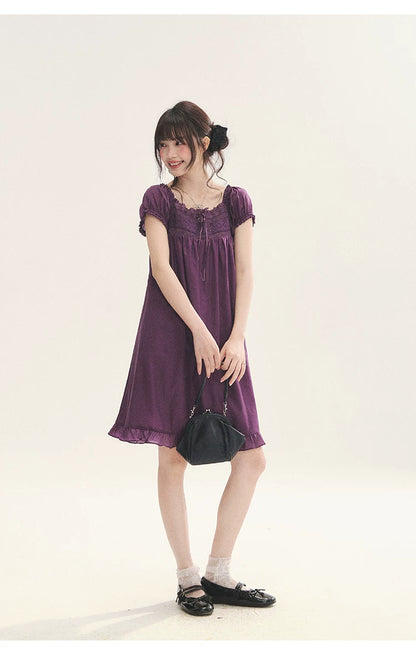 "Berry Breeze" Grape Purple Lace Square Neck Dress