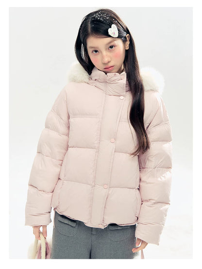 "Snowland Sprite" Peach Blush Lilac Hooded Down Jacket with Detachable Faux Fur Trim & Gloves