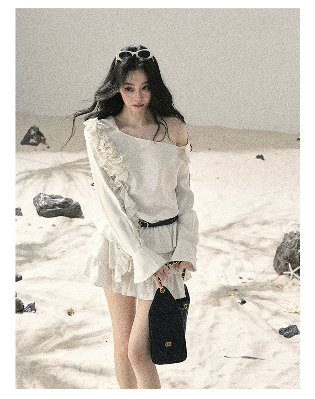 "Petals of Early Summer" Mist White Ruffle One-Shoulder Cake Dress (With Belt) 58648
