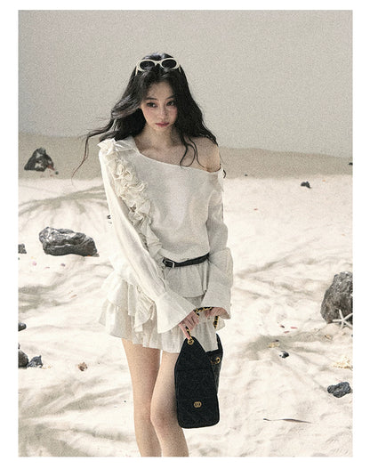 "Petals of Early Summer" Mist White Ruffle One-Shoulder Cake Dress (With Belt) 58648
