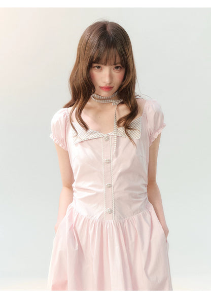 "Sakura Breeze Journal" Blush Pink Plaid Collar Dress LL2026226