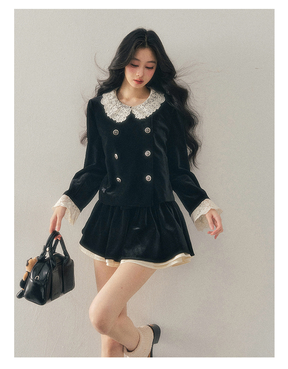 040126 "She Fades into Dusk" Velvet Lace Collar Two-Piece Set