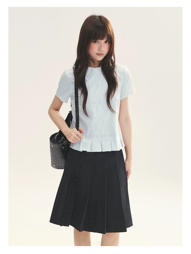 "Citrus Sea Salt" Stripe Lace Peter Pan Collar Pleated Shirt (White Blue / Blue White)