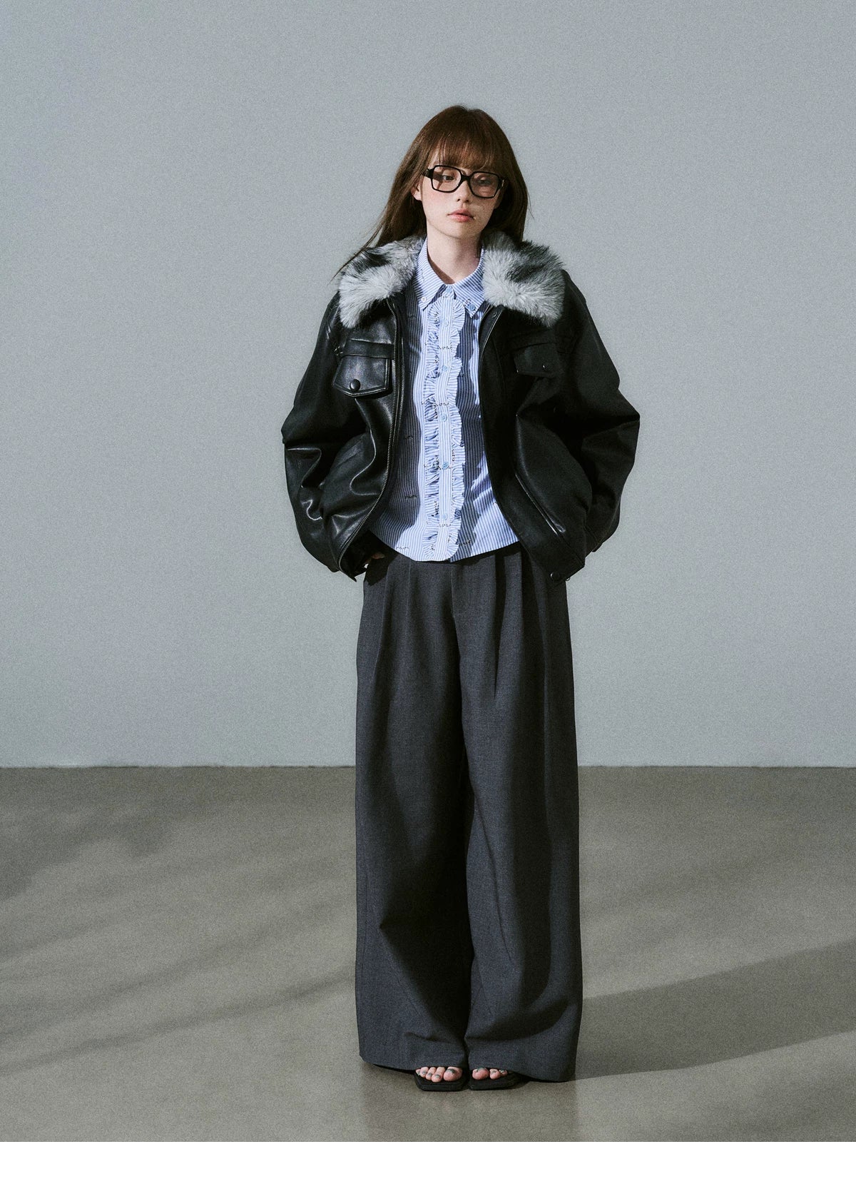 LOST FOREST - Black Faux Leather Moto Jacket with Plaid Wool Collar
