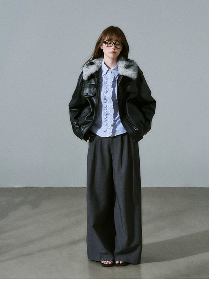 LOST FOREST - Black Faux Leather Moto Jacket with Plaid Wool Collar
