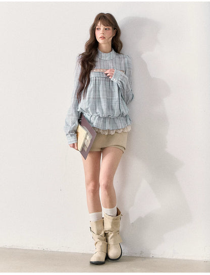 [TMMG] French Vintage Plaid Lace Ruffle Blouse (Blue Plaid)