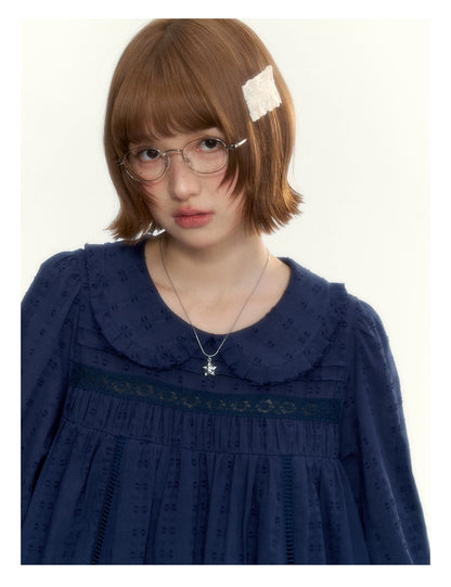 “Vintage Ribbon” Navy Peter Pan Collar Lace-Trimmed A-Line Dress