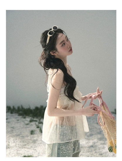“Shattered Glasslight Veil” Cream Lace Halter Twinset Top