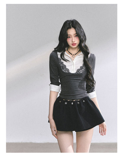少也眼 "High-IQ Muse" Lace-Layered Polo Tee 76546315