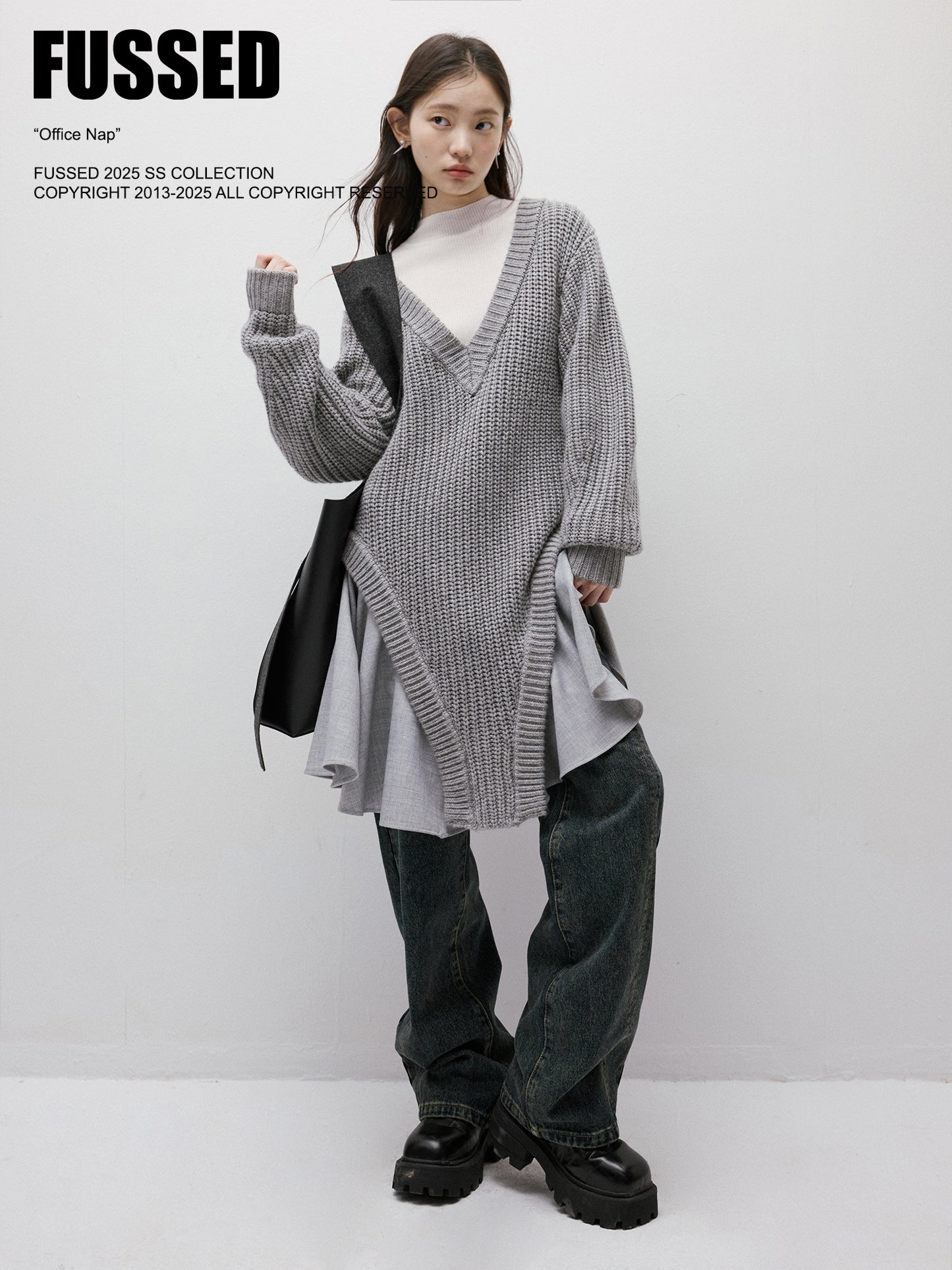 FUSSED Noise Irregular Knit Patchwork V-Neck Sweater Dress FOF-25SS023