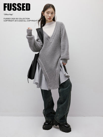 FUSSED Noise Irregular Knit Patchwork V-Neck Sweater Dress FOF-25SS023