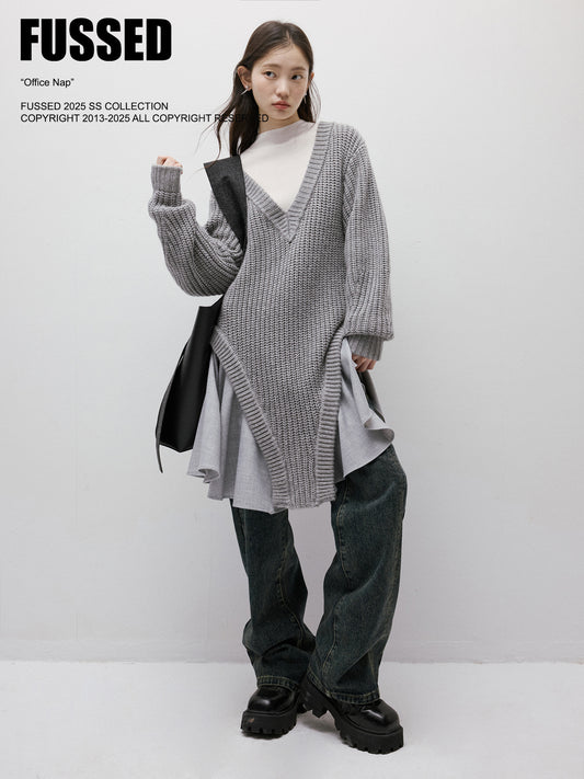FUSSED Noise Irregular Knit Patchwork V-Neck Sweater Dress FOF-25SS023