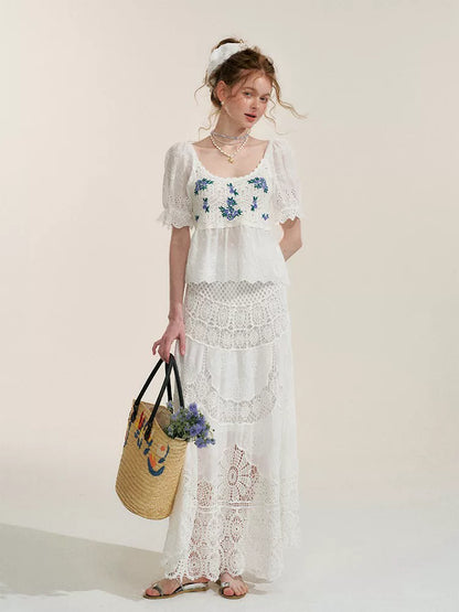 White Floral Embroidery Crochet-Detail Blouse