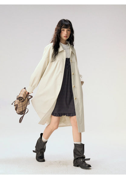 [CAN] “Oat Check Collar” Apricot Bow Cape Collar Trench Coat
