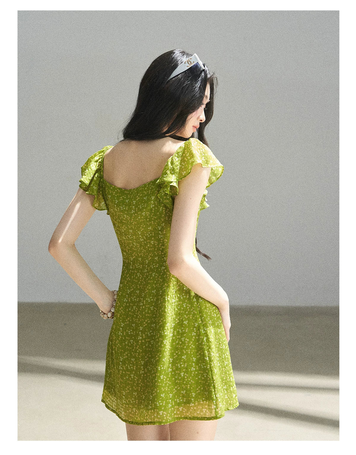 "Emerald Breeze" Primrose Green Floral Chiffon Mini Dress