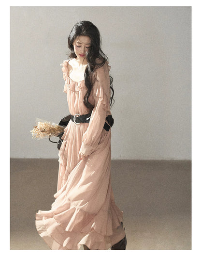 AOMALM - "Waiting for Sunset" Soft Pink French Ruffle Maxi Dress with Belt