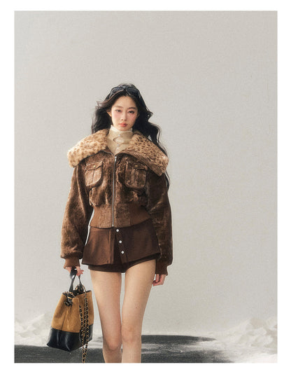 少也眼 "Defocused Dreams" Melard Leopard Utility Cropped Jacket - Chestnut Brown