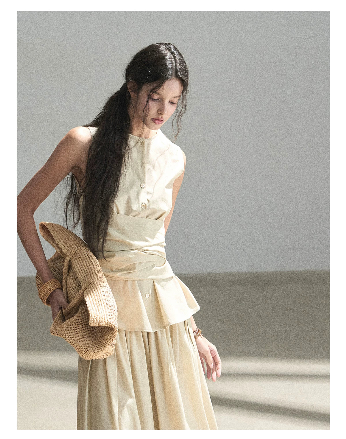 "The Last Falling Leaf" Milk Tea Lyocell Two-Piece Skirt Set