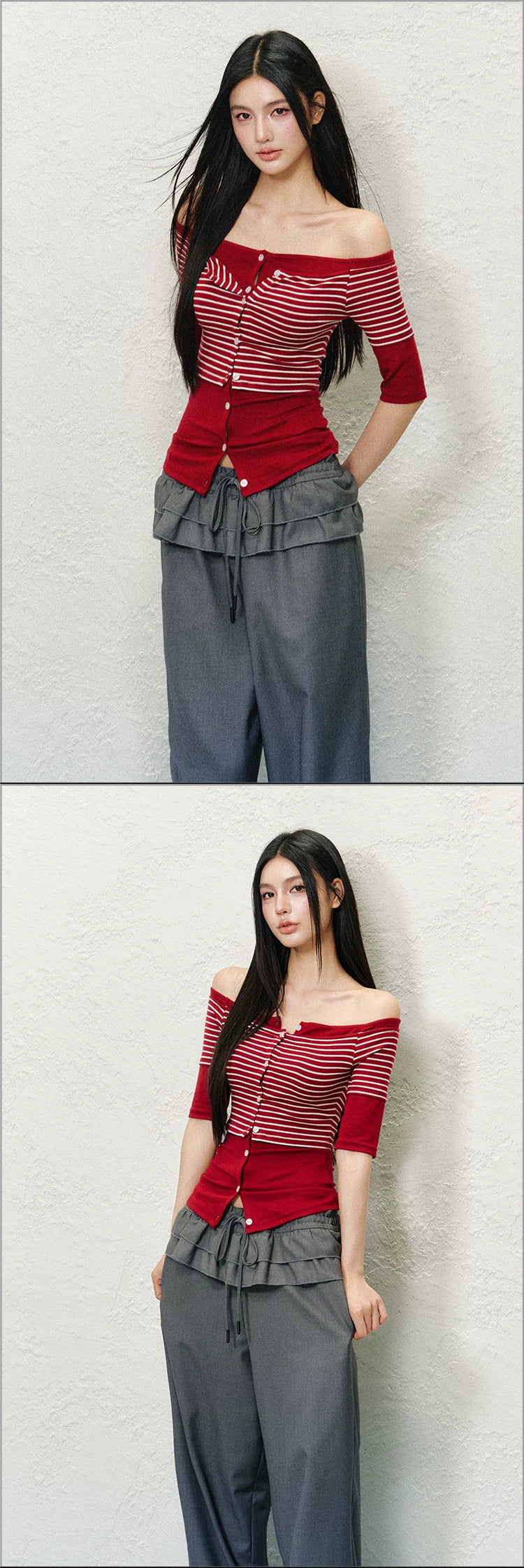 Layered Off-Shoulder Contrast Lyocell Knit Top (Floral White Contrast/ Red & White Stripe/ Gray Blue Contrast)