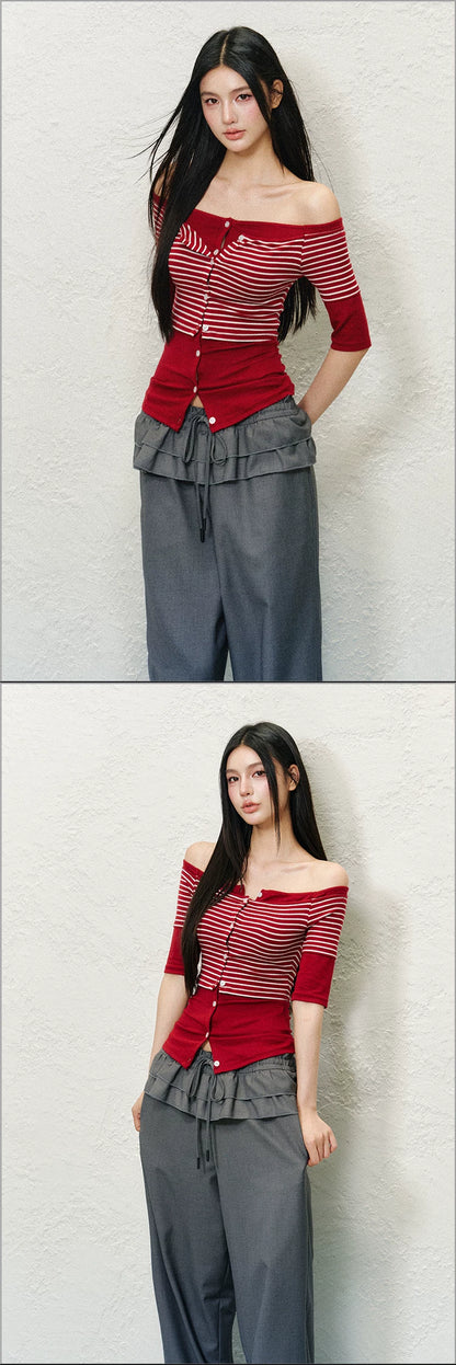 Layered Off-Shoulder Contrast Lyocell Knit Top (Floral White Contrast/ Red & White Stripe/ Gray Blue Contrast)