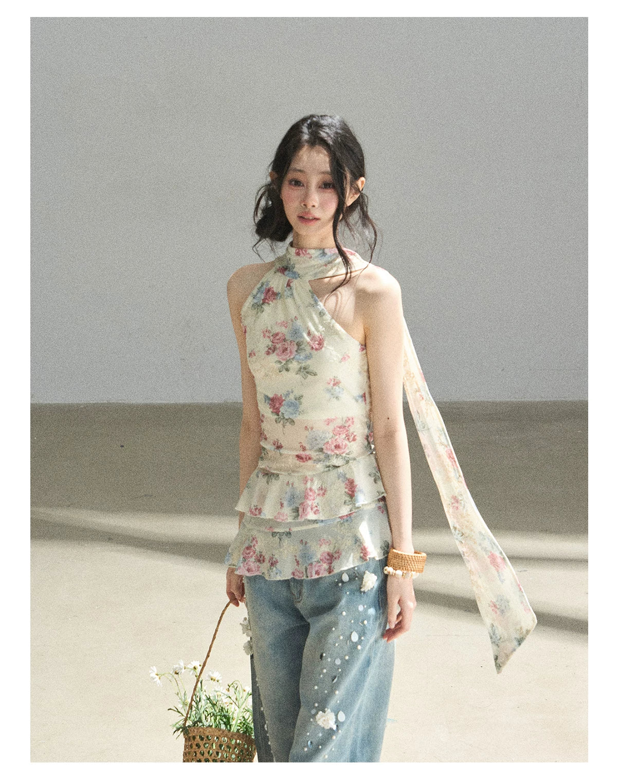 "Flowers & Sunlight" Dutch Cream Off-Shoulder Mesh Top