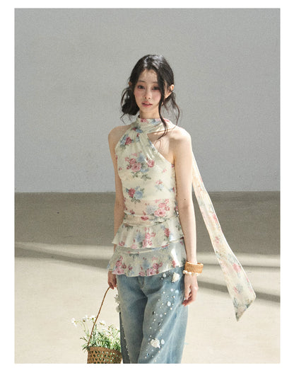 "Flowers & Sunlight" Dutch Cream Off-Shoulder Mesh Top