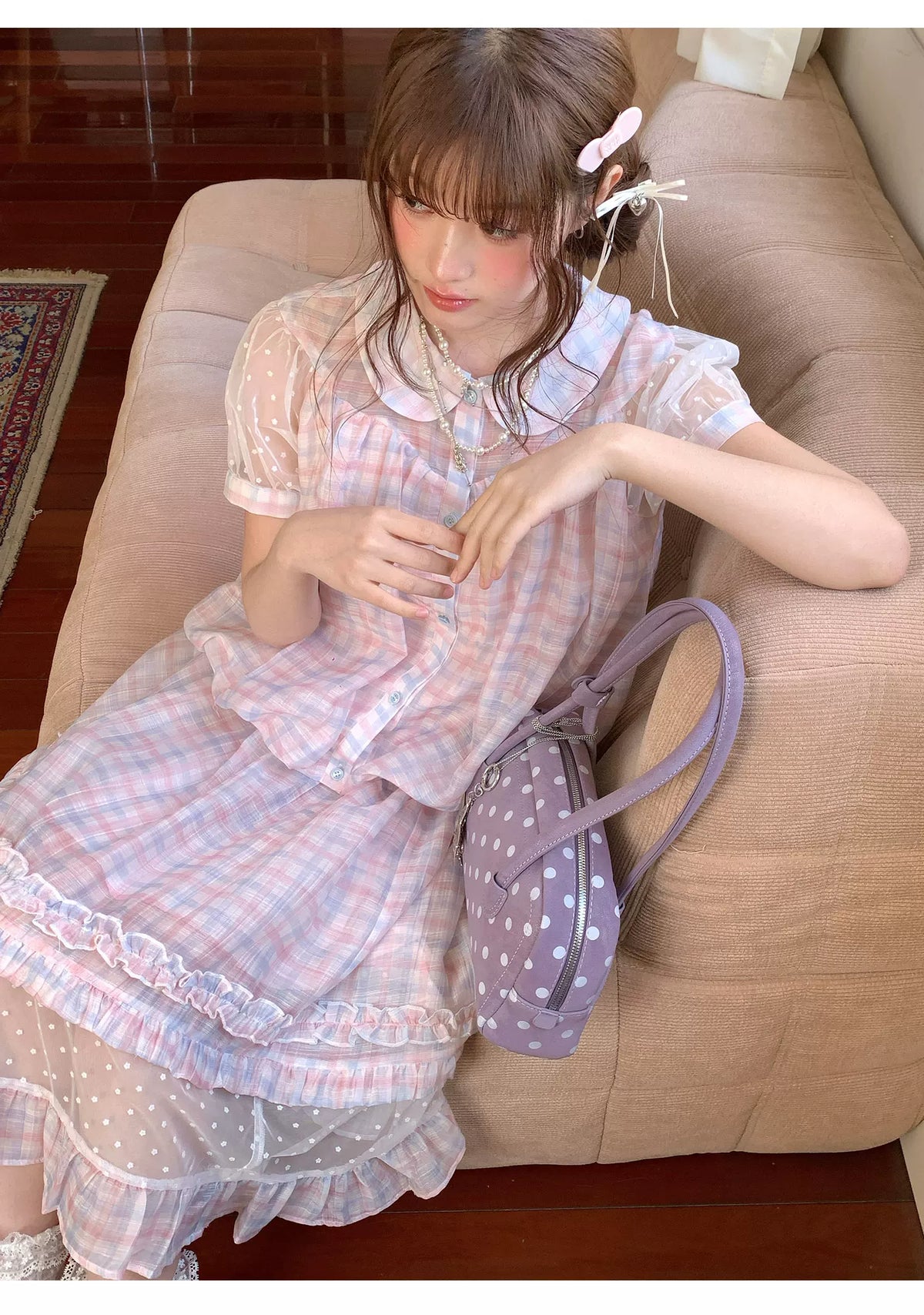 [RF] “Rainbow Cotton Candy” Blue & Pink Plaid Two-Piece Set
