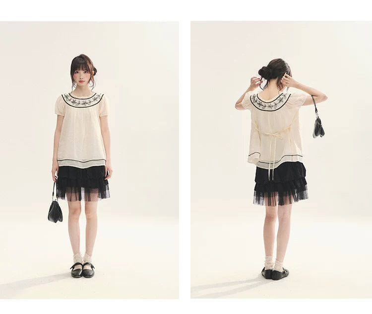 "Toasted Cookie" Yellow Flower Rope Embroidery Babydoll Top
