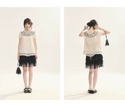 "Toasted Cookie" Yellow Flower Rope Embroidery Babydoll Top