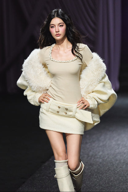 "Winter Chalet" Ivory Faux Fur Collar Padded Jacket