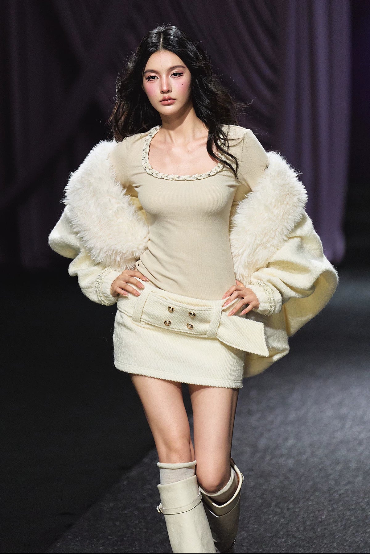 "Winter Heiress" Ivory Wool-Blend Belted A-Line Mini Skirt