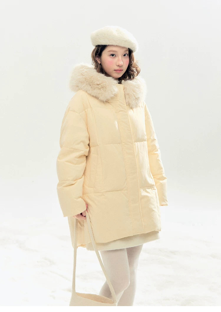 "Butter Soufflé" Vanilla Butter Hooded Mid-Length Down Coat with Faux Fox Fur Trim