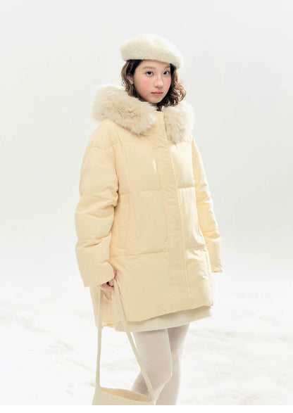 "Butter Soufflé" Vanilla Butter Hooded Mid-Length Down Coat with Faux Fox Fur Trim