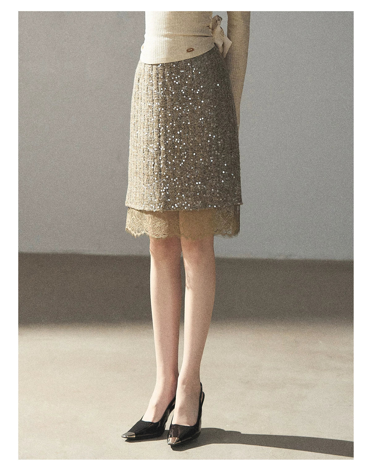 AOMALM - Gray Taupe Brown Sequin Lace Midi Skirt