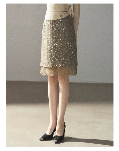 AOMALM - Gray Taupe Brown Sequin Lace Midi Skirt