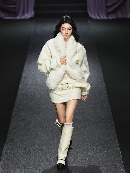 "Winter Heiress" Ivory Wool-Blend Belted A-Line Mini Skirt