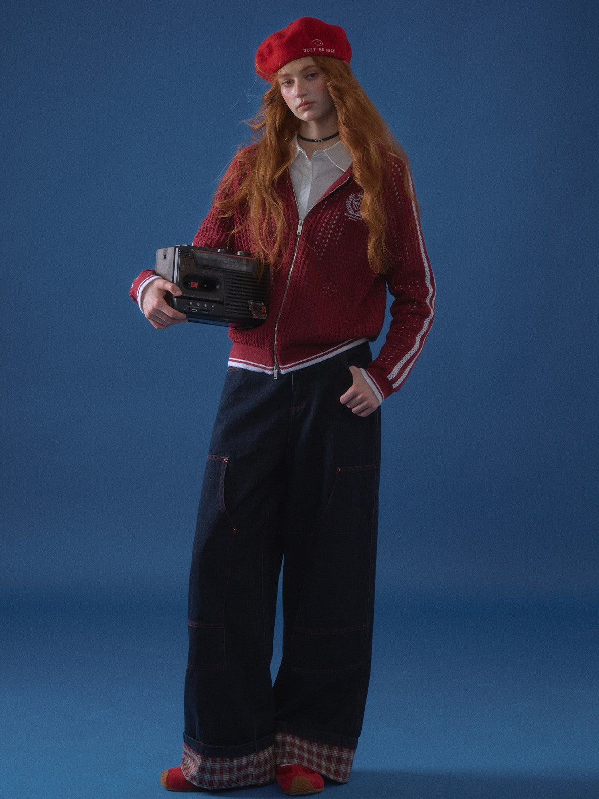 ASGONY - Plaid Cuff Contrast Wide-Leg Raw Denim Jeans (Red Plaid)