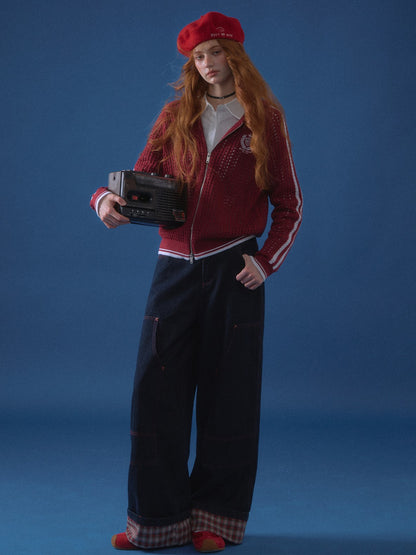 ASGONY - Plaid Cuff Contrast Wide-Leg Raw Denim Jeans (Red Plaid)