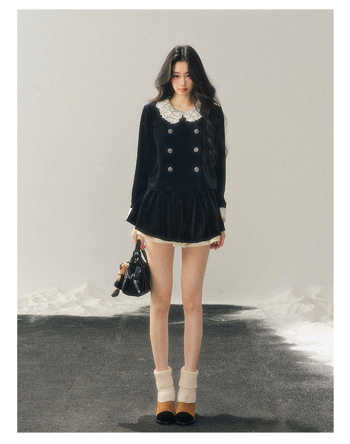 040126 "She Fades into Dusk" Velvet Lace Collar Two-Piece Set