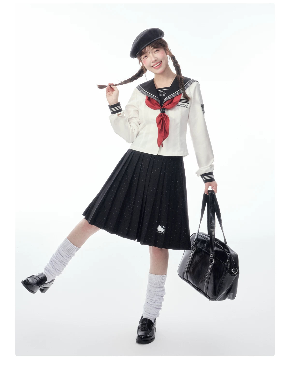 Slim-Fit Preppy Style Set - Sailor Collar Shirt / Front Box-Pleat Skirt / Polka Dot Skirt