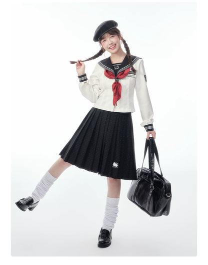 Slim-Fit Preppy Style Set - Sailor Collar Shirt / Front Box-Pleat Skirt / Polka Dot Skirt