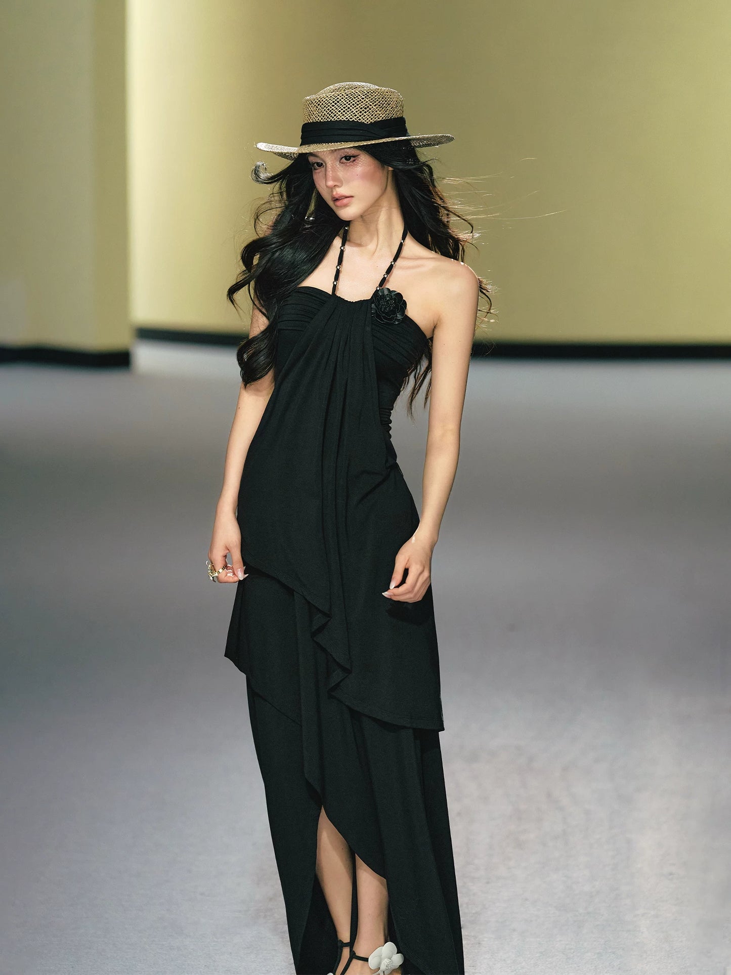 "Moonlit Reverie" Halter Layered Maxi Dress (Black/ Blush Pink)