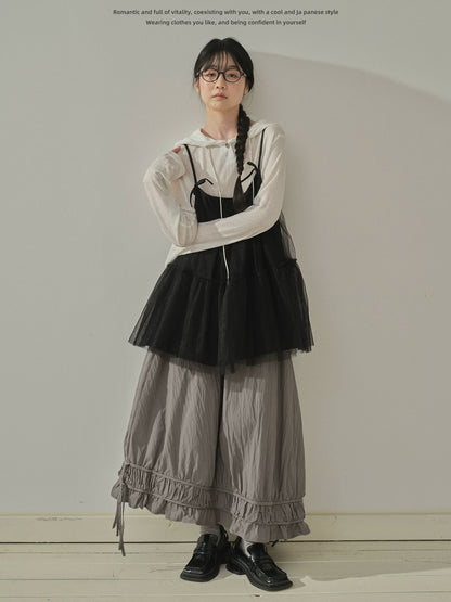 "Airy Veil" Layering Mesh Cami Top (Black / White)