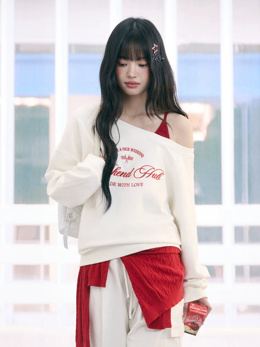 "Cloud Transit" White Layered Off-Shoulder Sweatshirt