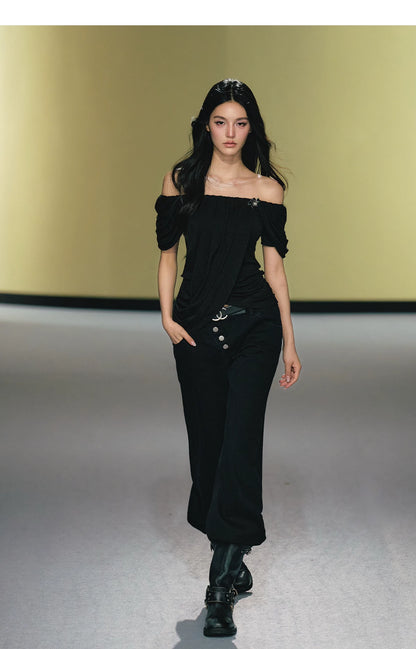 "Midnight Bloom" Black Lyocell Off-Shoulder Ruched Top